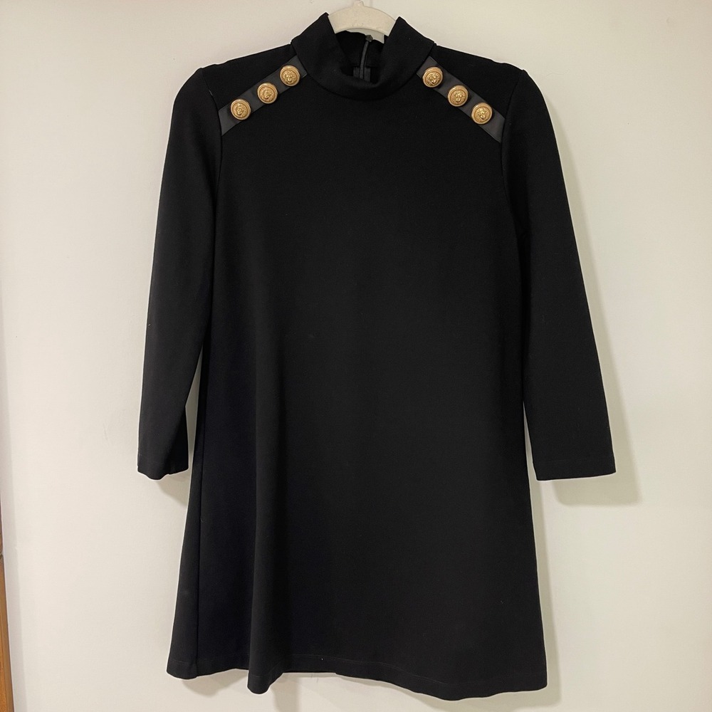 Tuckernuck Gold Button Mock Neck Dress Womens Small Black Mini Shift | Preppy
